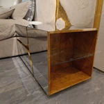 Mirror Stainless Steel Nightstand with Hammered Gold Accents & Burl Natural Wood Veneer